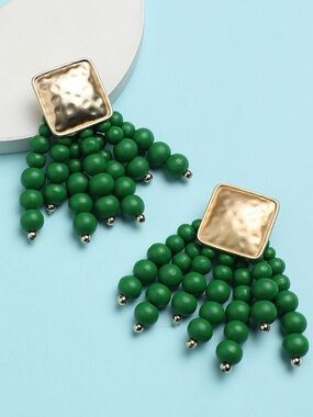 Green Beaded Tassel Drop Earrings with Gold Accent